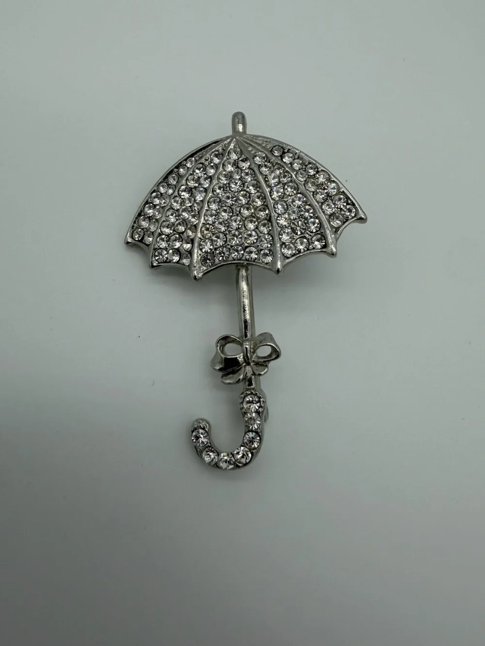 Rhinestone Umbrella Brooch - Silver Tone